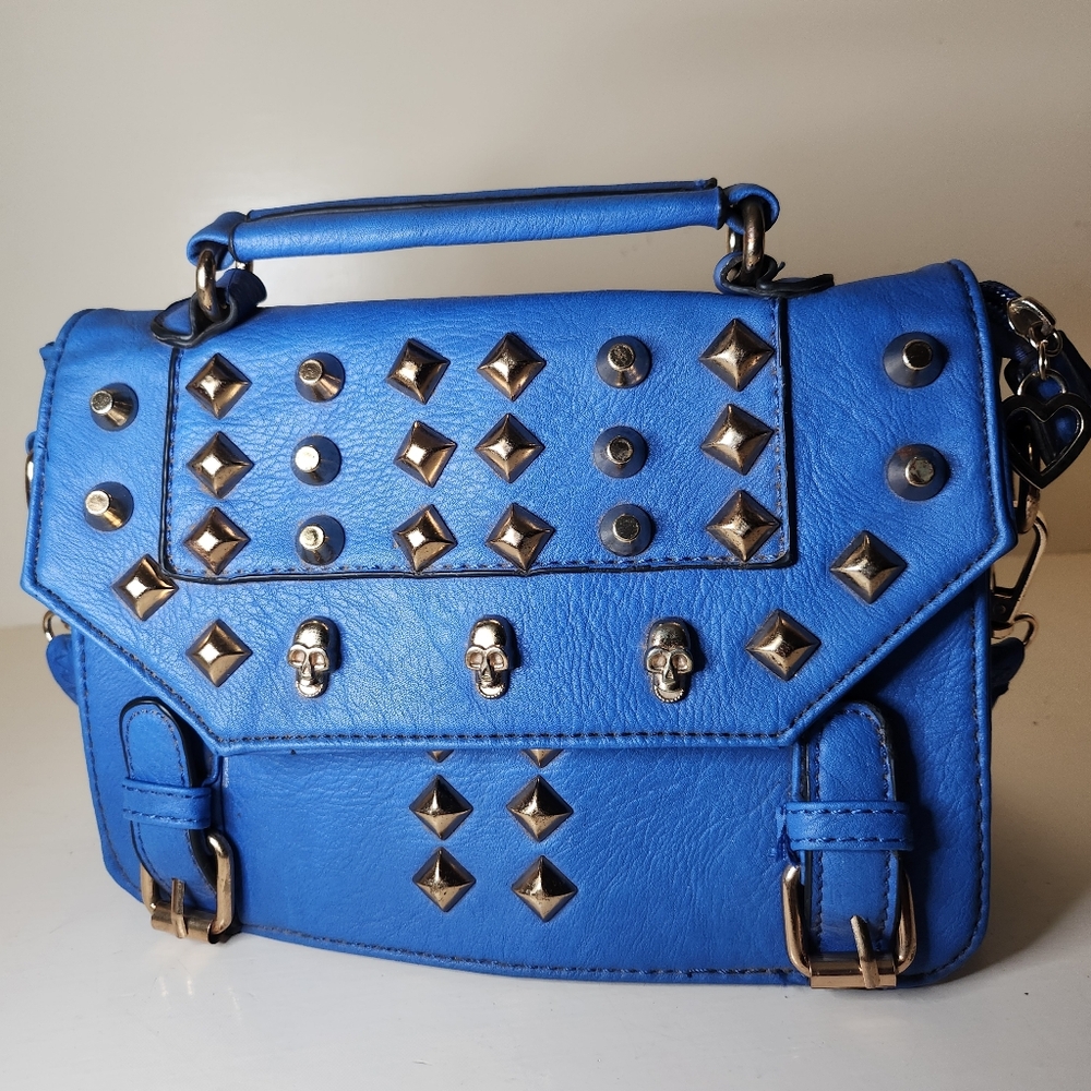 Blue Skulls Studded Metal Hardware Handbag